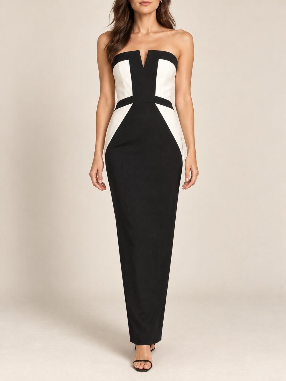 XSCAPE Strapless Dress Womens 2 Black White Colorblock Maxi Evening Gown USA